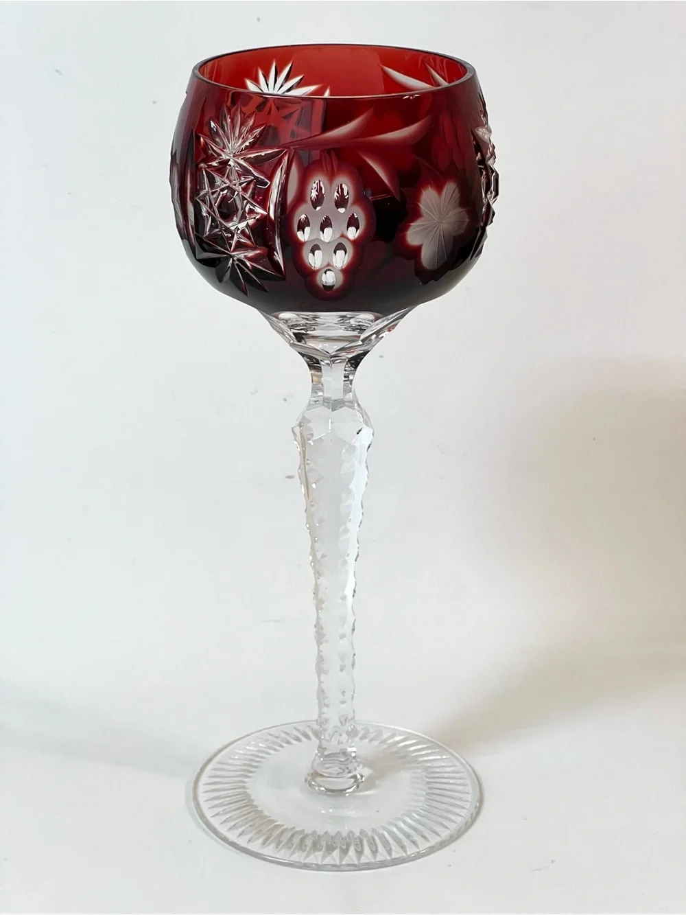 Ajka Crystal Marsala Cranberry Red Cut to Clear Glass Wine Hock Goblet 8.2 in